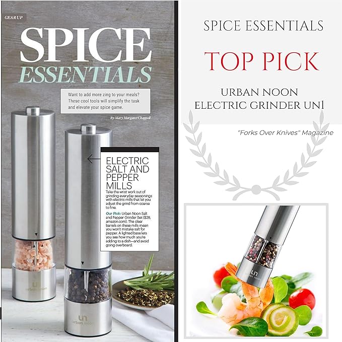 Electric Salt and Pepper Grinder - Single Battery Operated Stainless Steel Salt or Pepper Mill with Light - Automatic One Handed Operation with Adjustable Ceramic Grinder