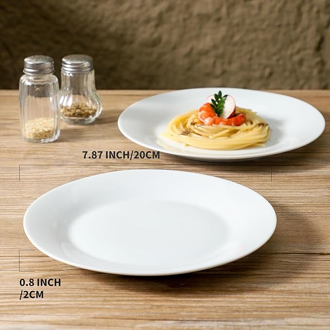 fMBB 4-Piece Salad Plates Set, 8 inch Ceramic Lightweight Round Plate Dessert Dish, Smooth Glaze - White Modern Dinnerware Set for Kitchen Serving