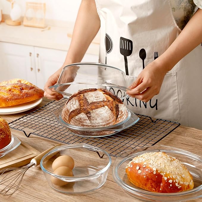 ZYER Round Glass Casserole Dish Set, 3 Sizes (0.65L, 1L, 1.4L) with Glass Lids