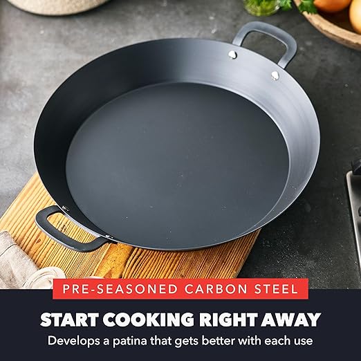GreenPan x Bobby Flay 15” Carbon Steel Paella Pan, Pre-Seasoned, Nontoxic, PFAS-Free, Induction Compatible, Flat Bottom, Rice & Seafood Dishes, High Heat & Oven Safe Durable, Cast Iron Alternative
