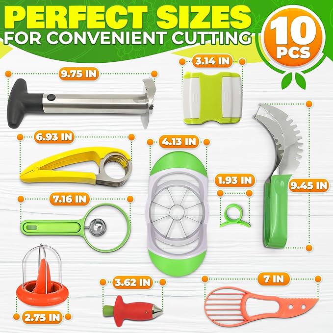 10 Pcs Fruit Slicer Set Fruit Cutting Tools - Pineapple Corer and Slicer Kiwi Cutter Apple Slicer and Corer Cantaloupe Cutter Strawberry Huller Watermelon Cutter Slicer Tool - Banana Cutter Slicer