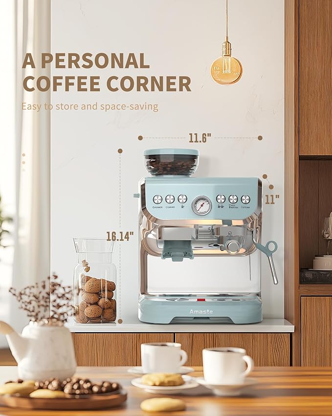 Amaste Espresso Machine with Grinder, 15 Bar Espresso Machine with Steam Wand for Latte and Cappuccino, 68Oz Water Tank, Pre-Infuse Brewing, Espresso Coffee Maker for Home Use, Barista Kit, Blue