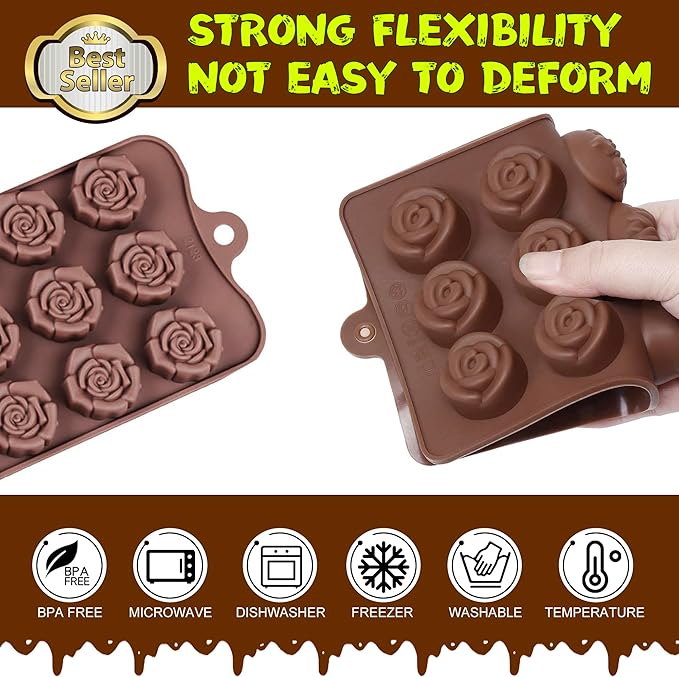 Rose Flower Shaped Silicone Chocolate Molds,BPA Free & Non-stick Silicone Tray for Hard Candy Caramels Jello Gummy Truffles Ice Cubes Soap - 4 Pack