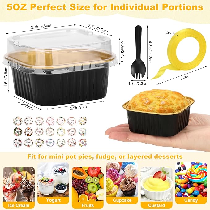 100 Pack Mini Cake Pans with Lids and Spoons, 5oz Square Aluminum Foil Loaf Pans Black Gold Small Cake Tins Disposable Baking Pans Dessert Cupcake Cups with Ribbon for Wedding Birthday Party Picnics