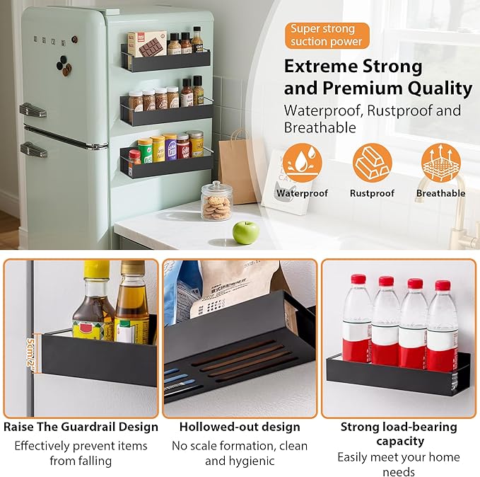 4 Pack Magnetic Spice Rack Organizer for Refrigerator and Oven, Movable Magnetic Hanging Kitchen Spice Rack with 4 Hooks, Black