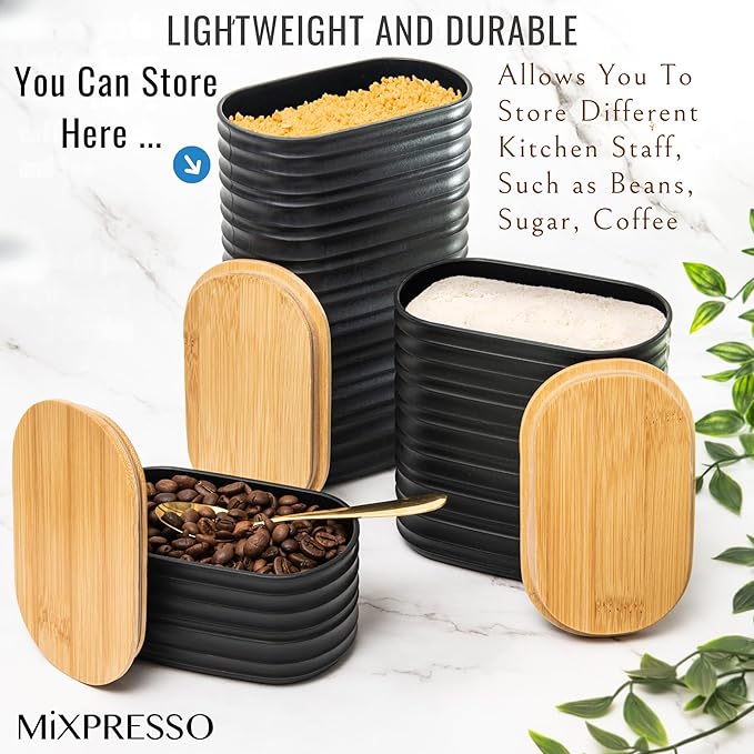 Mixpresso Black Canisters Sets for the Kitchen – 3-Piece Airtight Plastic Sugar Container Set with Bamboo Lids in Three Different Sizes – Decorative Modern Storage Jars for Coffee, Tea & Countertops