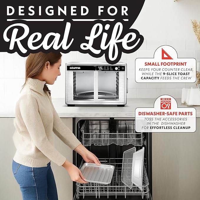 Gourmia French Door Digital Air Fryer Oven - 25-Quart XL Capacity, 12 Presets, Touchscreen, FryForce 360° Tech, Dehydrate, Proof, Slow Cook, Fits 13” Pizza, 1700W, Stainless Steel