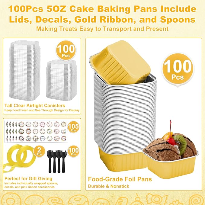 100 Pack Mini Cake Pans with Lids and Spoons, 5oz Square Aluminum Foil Loaf Pans Gold Small Cake Tins Disposable Baking Pans Dessert Cupcake Cups with Ribbon Decals for Wedding Birthday Party Picnics
