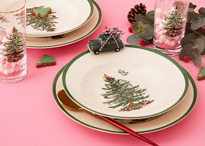 Spode Christmas Tree 9" Soup Plate (Set of 4) - Stoneware Soup Bowls with Festive Tree Design & Green Rim, Ideal for Serving Soup, Pasta, Salad - Microwave & Dishwasher Safe Holiday Dinnerware