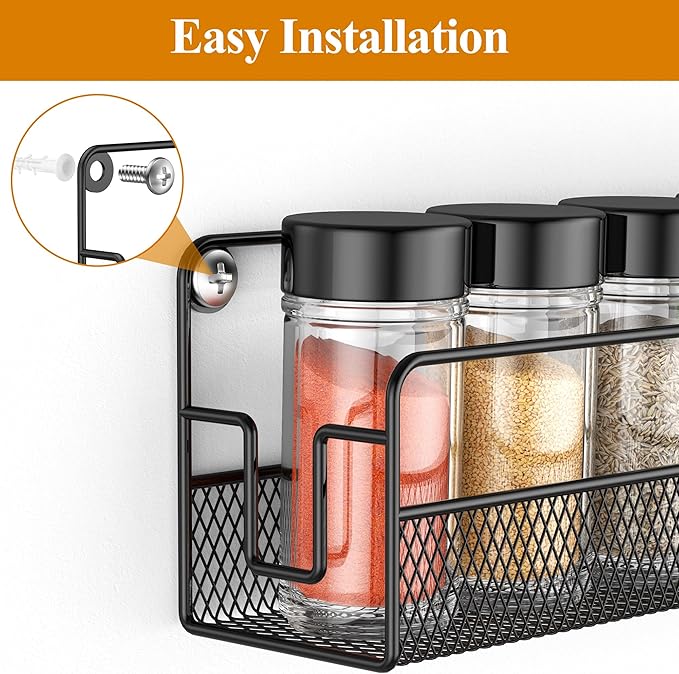 Wall Mounted Spice Rack Organizer, Pantry Door Organizer & Hanging Storage Baskets, Metal Spice Shelf for Kitchen Cabinet, 3 Depth Sizes Hold Large Jars to Nail Polish Bottles, 6 Pack