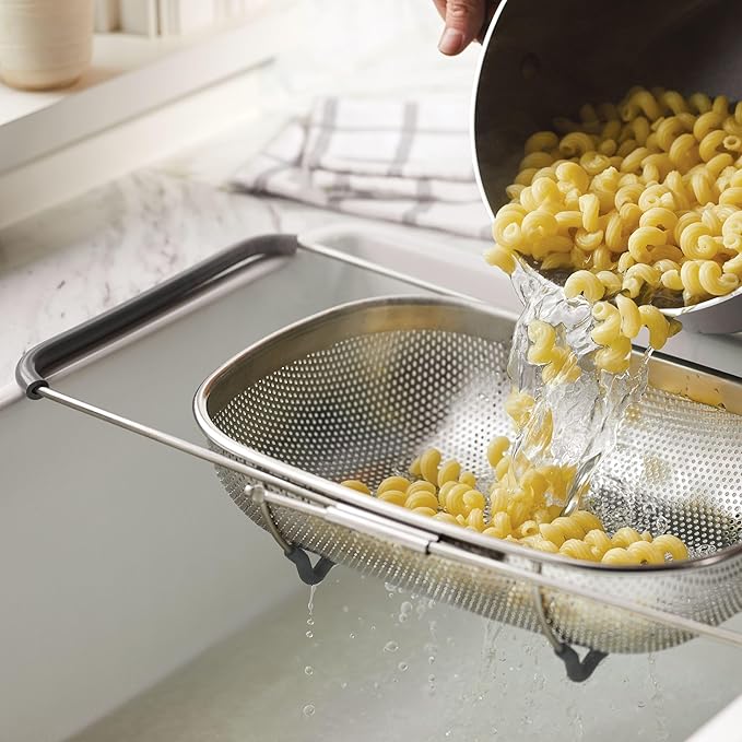 Rachael Ray Tools and Gadgets Over-The-Sink Colander/Strainer for Pasta, Fruits, Veggies, Expandable Silicone Grips, Dishwasher Safe, 4.5 Quart, Stainless Steel with Gray Handles