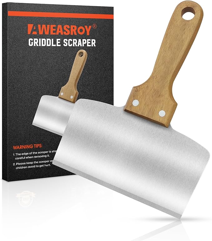 Heavy Duty Stainless Steel Grill Scraper – 5" Natural Wooden Ergonomic Handle, Multifunctional Durable Griddle Cleaner Tool for Blackstone Grill, Outdoor BBQ and Kitchen Use