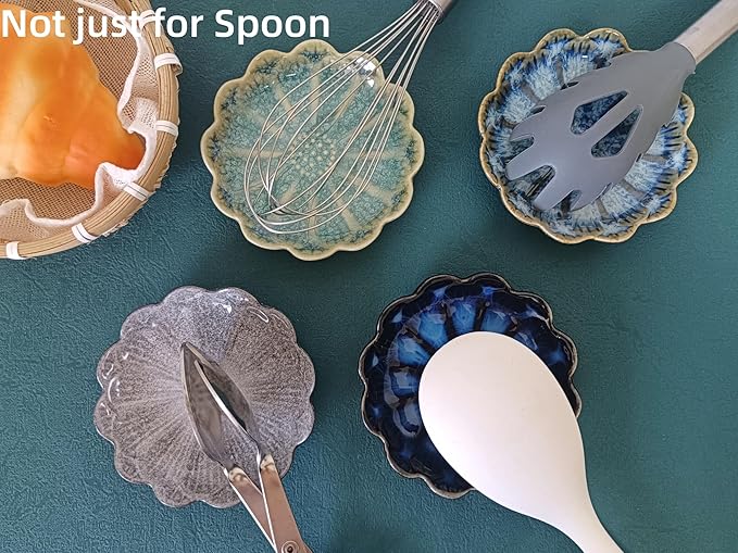 Ceramic Spoon Rest for Stove Top, Flower Cute Spoon Rest for Kitchen Counter, Cooking Spoon Holder for Kitchen Counter, Utensil Rest Spatula Rest Ladle Holder Tong Rest, 1 PC (Retro Sapphire)