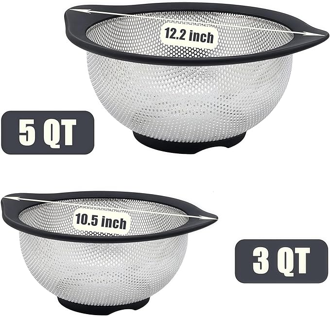 Stainless Steel Colander for Kitchen Metal Colanders & Food Strainers, Small and Large Sink Colander Set, Black Non-Slip Grip, (3 QT and 5 QT)