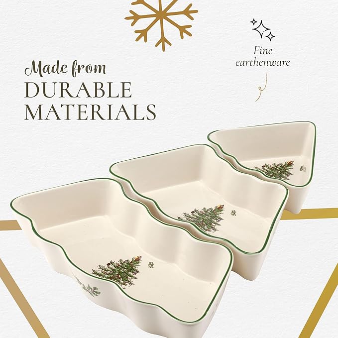 Spode Christmas Tree Dip Bowls - 3 Piece Ceramic Christmas Dipping Set - Festive Salsa Bowls for Holidays - Durable, Dishwasher Safe - Holiday Dinnerware