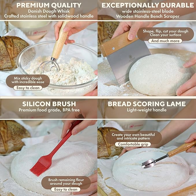 Bread Proofing Basket- 9-Inch Round Banneton Set Of 2- Sourdough Bread Baking Supplies complete tools- Dough Proofing Basket for Fermentation- With Linen Bread Bag + 16 Included Accessories For A Gift