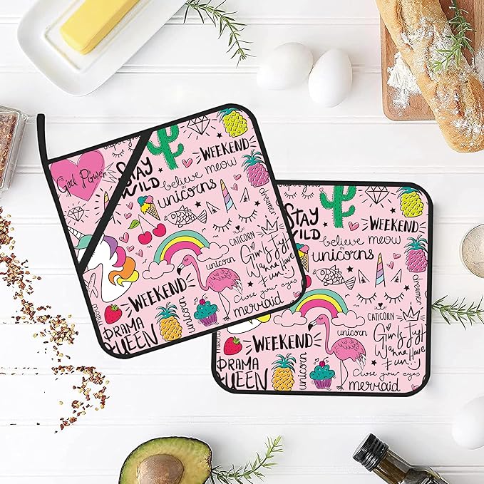 Pink Flamingo Unicorn Pot Holders Set of 2 Heat Resistant & Non Slip Potholders, Cute Drawing Oven Hot Pads for Kitchen Cooking Baking Barbecue