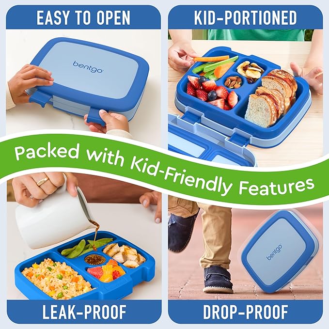 Bentgo Kids Bento-Style 5-Compartment Leak-Proof Lunch Box - Ideal Portion Sizes for Ages 3 to 7 - Durable, Drop-Proof, Dishwasher Safe, PFAS & BPA-Free & Made with Food-Safe Materials (Blue)