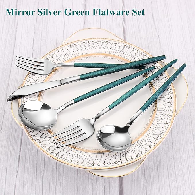 Mirror Silver Green Silverware Set, 20-Piece Stainless Steel Flatware Set, Satin Finish tableware Cutlery Set, Service for 4, Home and Restaurant, Dishwasher Safe