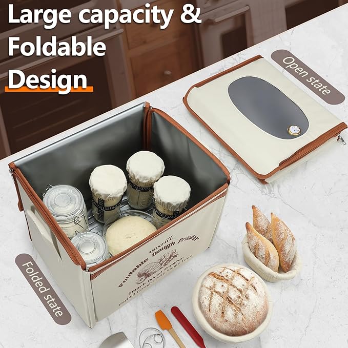 Folding Bread Proofing Box with Temp Control(50-122℉) & 48H Timer, Dough Proofer with Metal Rack, Proofing Box for Sourdough, Bread Baking, Pizza, Yogurt, Kombucha, Space-Saving & Easy to Use