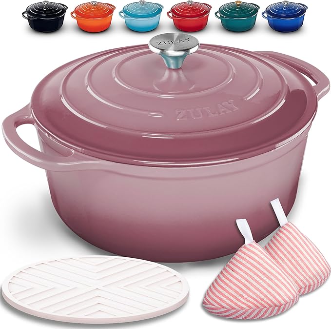 Zulay Kitchen 6 Quart Enameled Cast Iron Dutch Oven with Lid, Silicone Trivet & Heat Pad – Premium Durability & Oven Safe up to 500°F – Heavy Duty Cookware Perfect for Bread Baking, Stews, Braising & Roasting – Pink