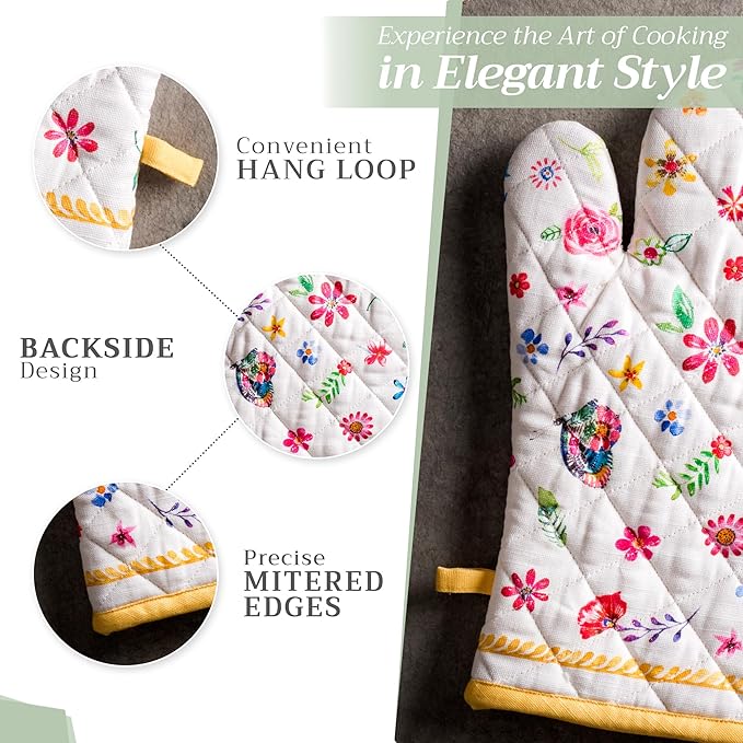 Maison d' Hermine Oven Gloves 100% Cotton Oven Mitt 7" x 13" with Loop Heat Resistant, BBQ, Cooking Gloves, Grilling, Kitchen, Handling Hot Pans Spring/Summer (Pack of 1, Happy Florals - Sweety)