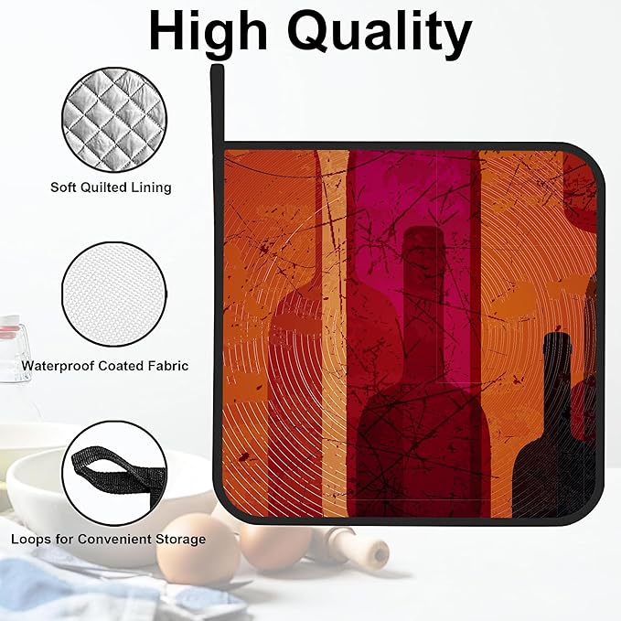 Abstract Wine Pot Holders 2 PCS for Kitchen, Heat Resistant Hot Pads for Cooking Grilling Baking BBQ, Pot Holders for Women Cook Essentials Accessories Home Microwave