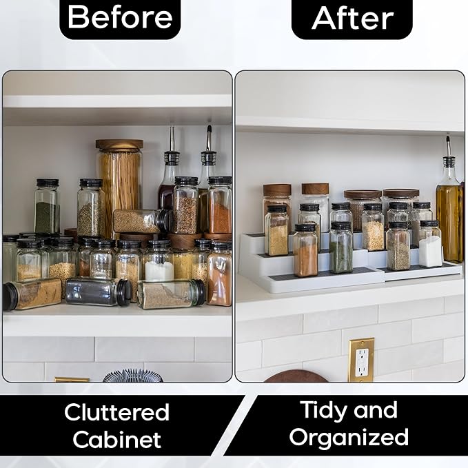 Pack of 2, Expandable 3 Tiered Spice Rack Organizer for Cabinet and Kitchen Pantry Shelf - Non-Slip Shelves for Spices, Seasoning, Canned Food, Medicine Cabinet Organizer - Includes Silicone Funnels