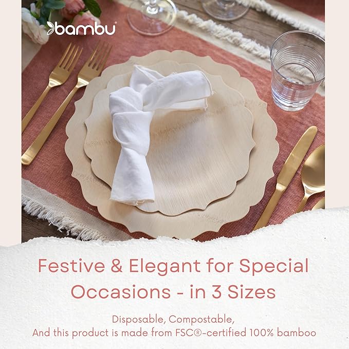 Bambu Pack of 100-9 Inch Disposable Bamboo Plates Fancy, Biodegradable Eco Friendly Products, Bamboo Disposable Plates for Party, Weddings, and Events, Great For Any Occasion - Bulk Case