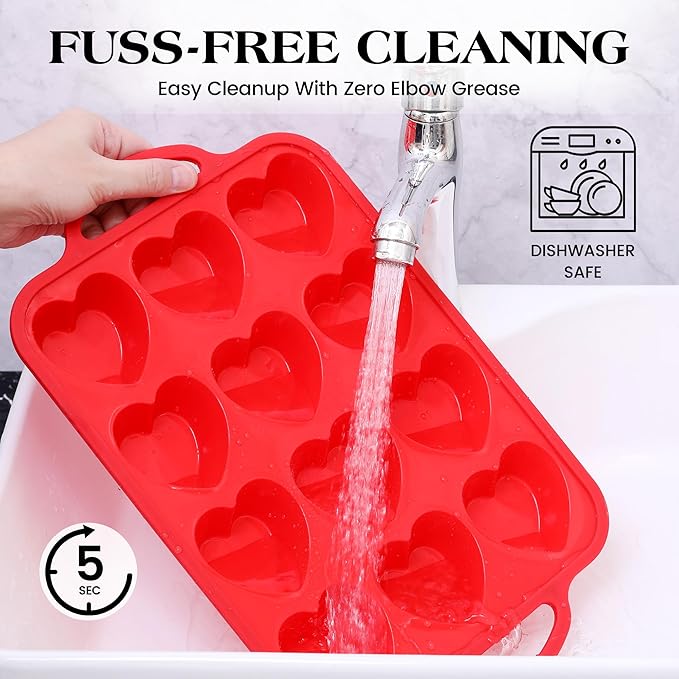 2 Pcs Heart Shaped Muffin Pan with Metal Reinforced Frame 12 Cup Nonstick Silicone Heart Cake Mold for Baking 2.5 Inch Cupcake Tray (Red)