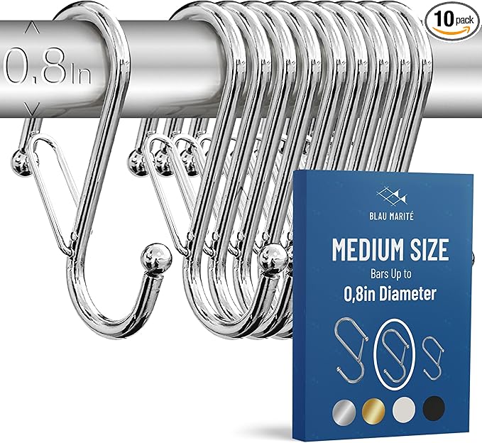 10-Pack Metal S Hooks for Hanging – Heavy-Duty S-Shaped Hook with Safety Buckle – Fits Bars up to 0.8 In – Anti-Drop S-Hooks for Kitchen, Bathroom, Closet & Pot Racks – Silver (Medium)