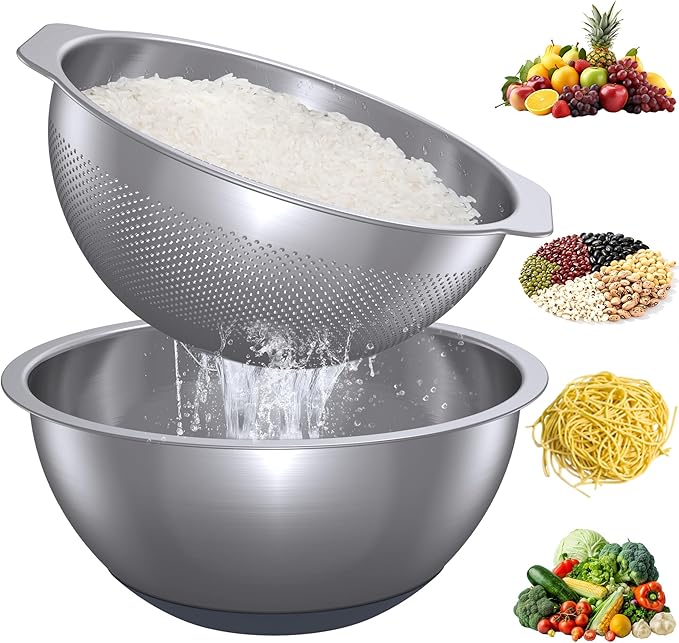304 Stainless Steel Colander and Strainer, 5QT Large Capacity and 6QT Mixing Bowl, Micropore for Washing Rice, Fruit, and Cooked Pasta, Perfect Draining for Grain and Bean