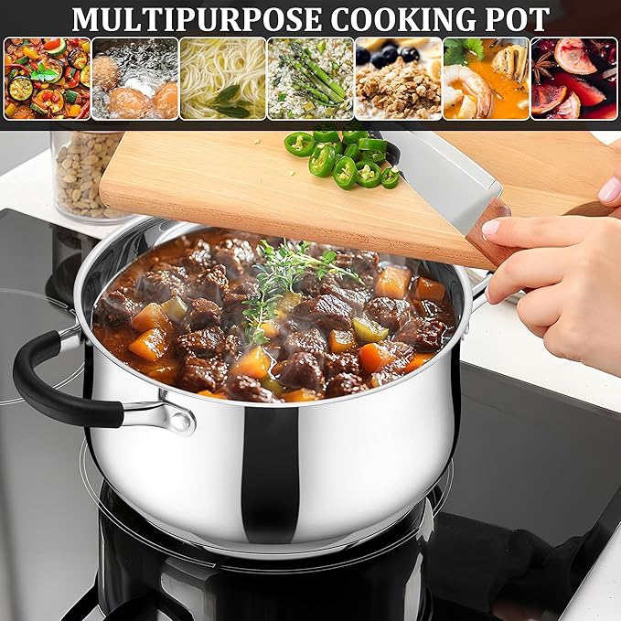 E-far 4 Quart Stockpot, Stainless Steel Pot with Visible Lid for Cooking Soup Pasta, Tri-Ply Thick Base for Induction Gas, Small Cooking Pot with Dual Heat Proof Handles, Non-Toxic & Dishwasher Safe