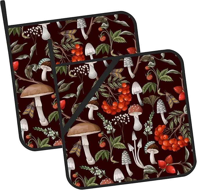 Mushrooms Pot Holders Set of 2 Heat Resistant & Non Slip Potholders, Berries and Plants Oven Hot Pads for Kitchen Cooking Baking Barbecue