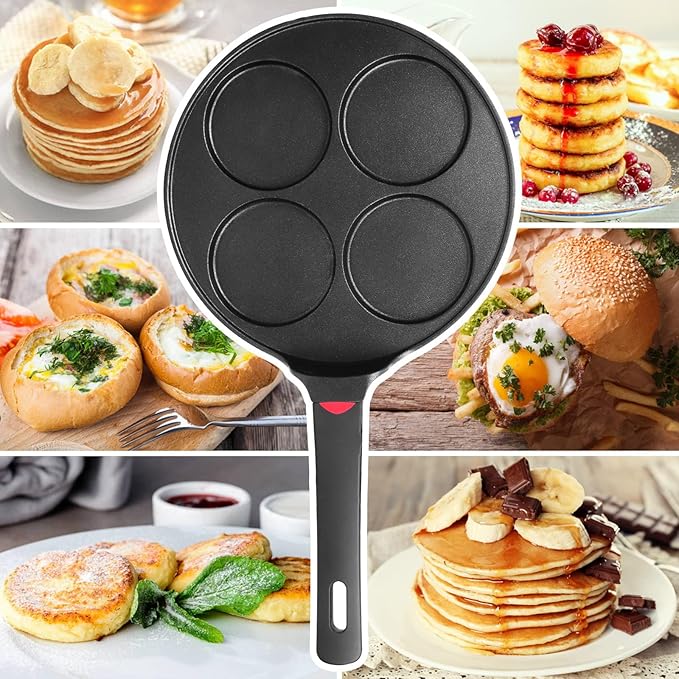 Pancake Pan Nonstick-Suitable for All Stovetops & Induction Cooker, 10.5 Inch Mini Silver Dollar Grill Blini Griddle Crepe Pan, 4 Molds Cake Egg Skillet, 100% PFOA Free Coating