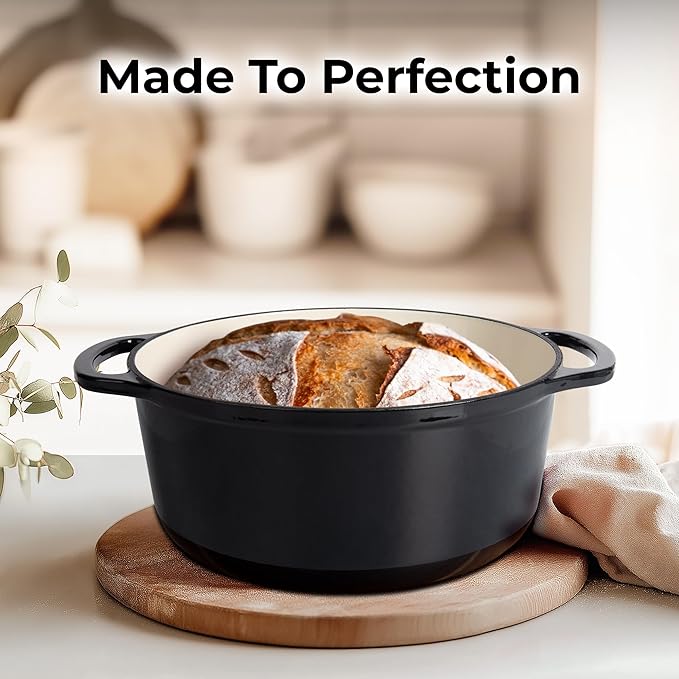 Zulay Kitchen 7.7 Quart Enameled Cast Iron Dutch Oven with Lid, Silicone Trivet & Heat Pad – Premium Durability & Oven Safe up to 500°F – Heavy Duty Cookware Perfect for Bread Baking, Stews, Braising & Roasting – Black