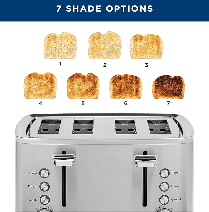 GE Stainless Steel 4 Slice Toaster | Extra Wide Slots for Bagels, Breads, Waffles & More | 7 Shade Options | Countertop Kitchen Essentials | 1500 watt