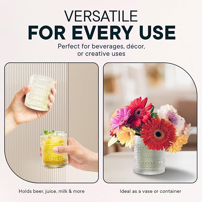 12 OZ Hobnail Drinking Set of 12 – Vintage Embossed Glassware, Textured Tumblers for Water, Beer, Cocktails, Mocktails, Whiskey & More – Includes Straws and Coasters – Clear