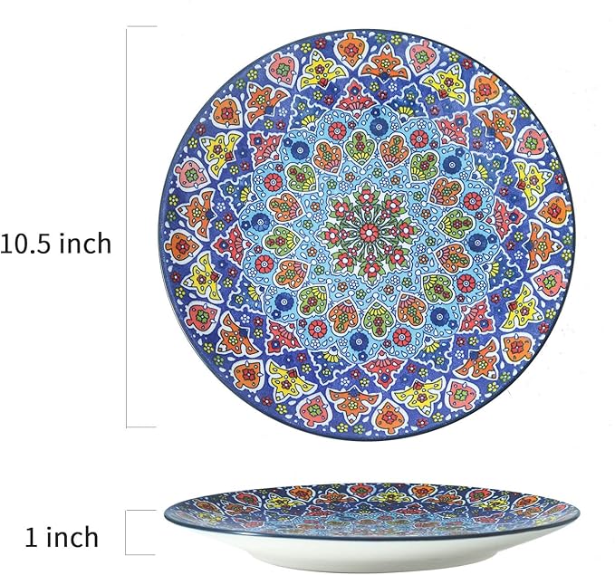 glowworm Dinner Plates Set of 4, 10.5 Inch Ceramic Plates for Steak, Dishes Set for Kitchen, Housewarming Gift,Microwave, Oven & Dishwasher Safe, Bohemian