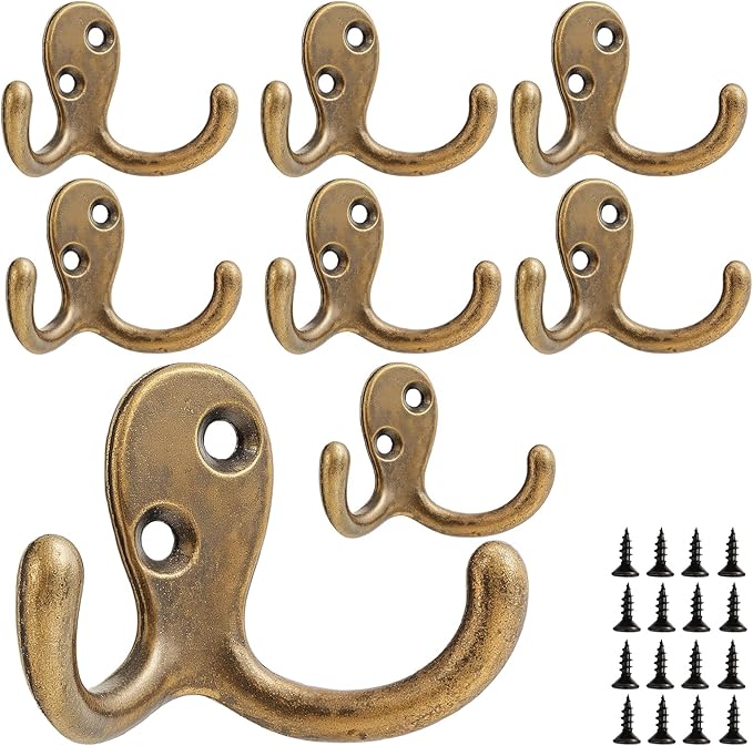 Coat Hooks Wall Hooks for hanging - 8 pack Bronze Double Prong Hook Wall Mounted - Great for Living Room, Bedroom, Entryway, Closet for Coat, Bag, Towel, Hat, Key, Cup, Heavy-Duty, Easy to Install