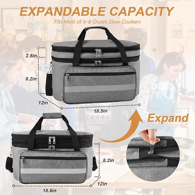 Double-Layer Slow Cooker Carrying Bag, Insulated Travel Carrier with Adjustable Band and Accessory Pocket, Portable Carrier Case for 6-8 Quart Crock, Compatible With Other Brands (Grey, Bag Only)