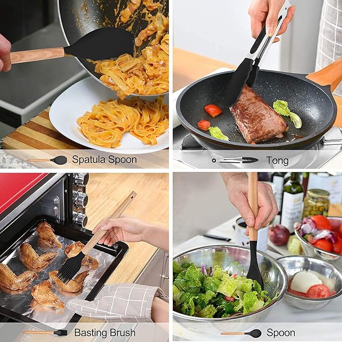LIANYU 15-Piece Kitchen Silicone Cooking Utensils Set with Holder, Wooden Handle Kitchen Tools Include Spatula Tong Slotted Spoon Turner Whisk Brush, Black