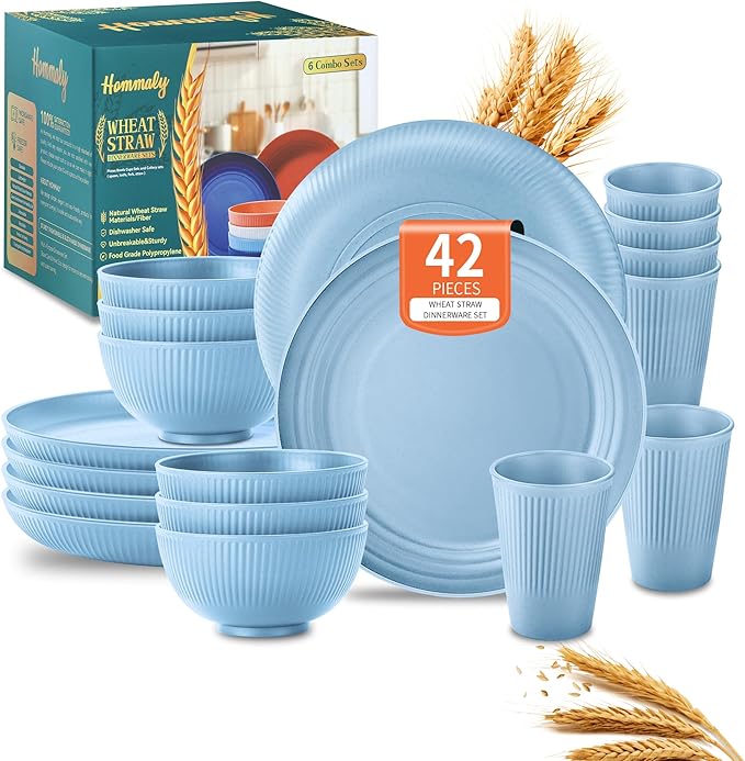 Wheat Straw Dinnerware Sets,42-Piece Plates and Bowls Sets for 6-Unbreakable,Reusable Plastic Dish Set-Dinner Plate/Cereal Bowl/Cup/Utensils-Microwavable Dishwasher Safe 42P-Blue