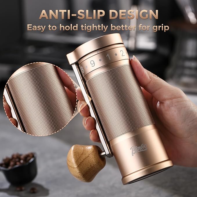 Bincoo Manual Coffee Grinder with Foldable Handle– External Setting Hand Coffee Grinder with Steel Burr,Compact and Portable for Home/Travel/Camping(Champagne)