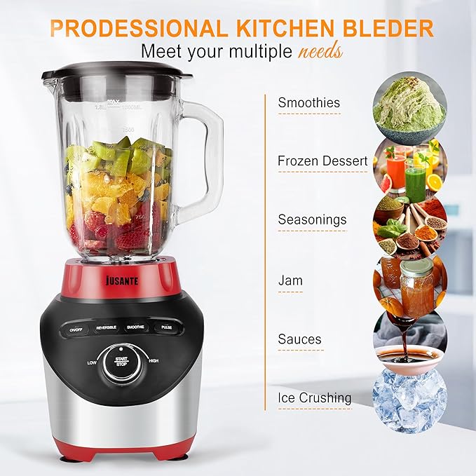 Professional Blender with 1200 Watts and 64 oz Glass Jar Kitchen Countertop Blender for Shakes and Smoothies with High Speed Crushing Smoothie Blender Red for Smoothies Frozen Drinks