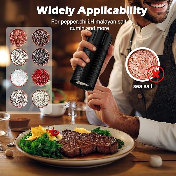 USB Rechargeable Salt and Pepper Grinder Set Electric Pepper Grinders Automatic Pepper Mills Salt Shaker Adjustable Coarseness Large Capacity One Hand Operation (BLACK)