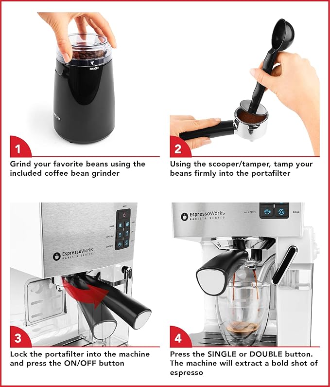 EspressoWorks 19-Bar Espresso, Latte and Cappuccino Maker 10-Piece Set - Brew Cappuccino and Latte with One Button - Espresso Machine with Milk Steamer 1250W - Coffee Gifts (White)