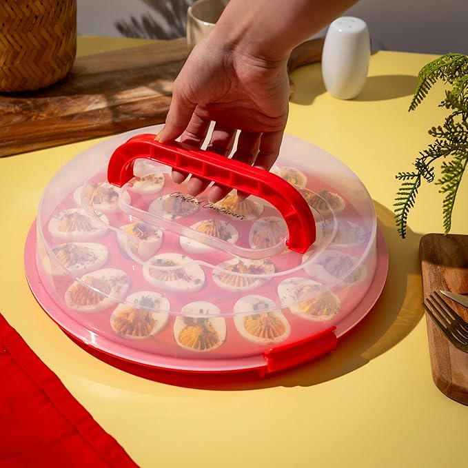 Classy Deviled Egg Carrier with Lid & Handles - Tray Platter for Holidays, Parties - Portable Container for 22 Eggs - Dishwasher-Friendly - Red