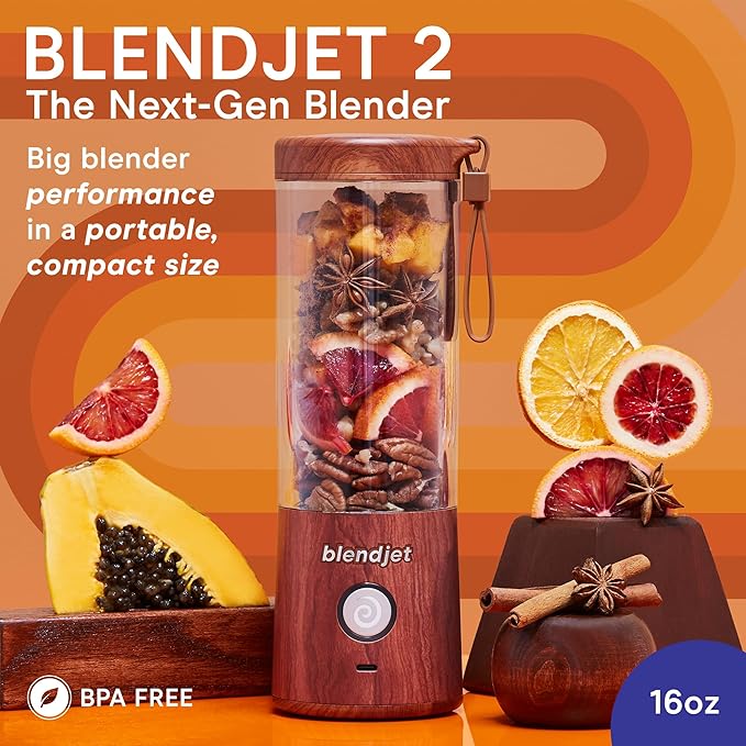 BlendJet Portable Blender for Smoothies & Shakes - 16oz BlendJet 2 Cordless Personal & Small Blender, USB-C Rechargeable & Self Cleaning - Quiet Mini Travel Blender with Stainless Steel Blade (Walnut)