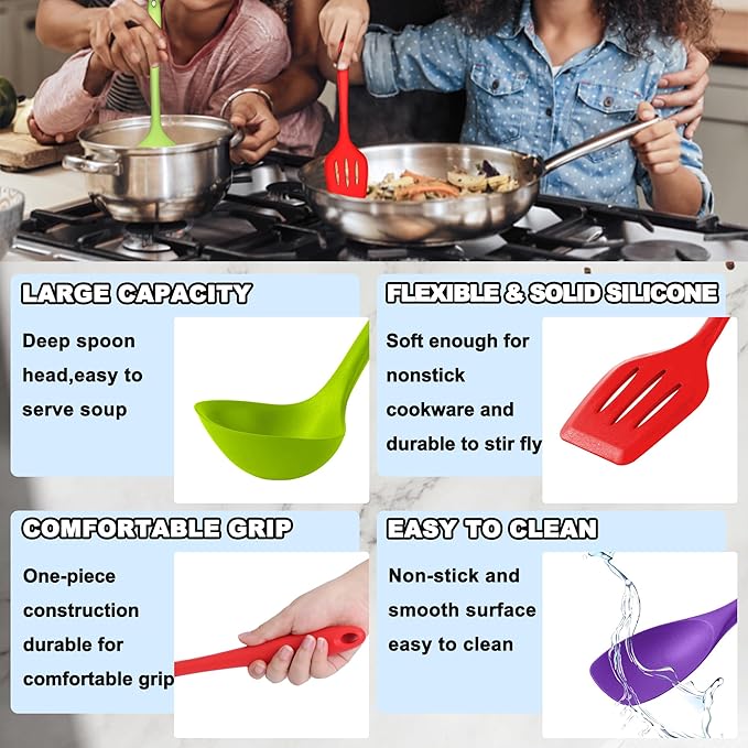 E-far 10 Pcs Silicone Cooking Utensils Set, Heat Resistant Kitchen Utensil Set for Nonstick Cookware, Kitchen Cooking Tools with Spatula, Spoon, Slotted Turner, Non-Toxic & Dishwasher Safe (Colorful)
